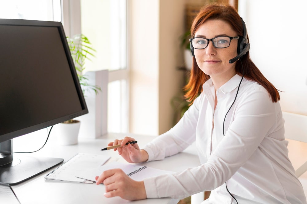 jeune femme en appel téléphonique avec un casque
